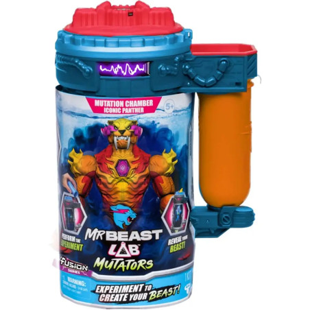 Farbenreiche MrBeast Lab Mutators Spielzeug-Mutationskammer mit orangem Seitentank und Mutantenfigur-Grafik.