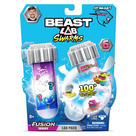 Beast Lab Swarms Spielzeugpackung mit zwei Reagenzgläsern und bunten Cartoon-Monstern, ab 5 Jahren.