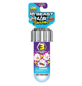 Reagenzglas-Pack "MrBeast Lab Swarms" mit 3 geheimen Mikro-Bestien, Hinweis auf Erstickungsgefahr.