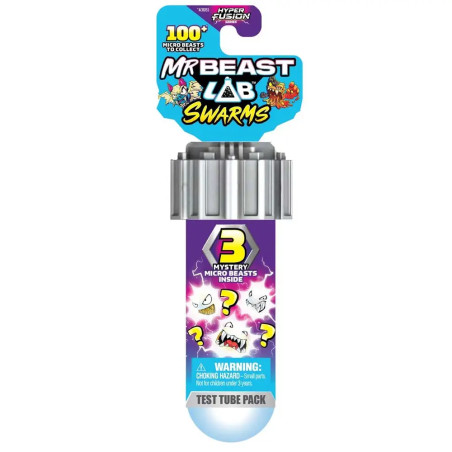 Reagenzglas-Pack MrBeast Lab Swarms mit 3 geheimen Mikro-Bestien, Hinweis auf Erstickungsgefahr.