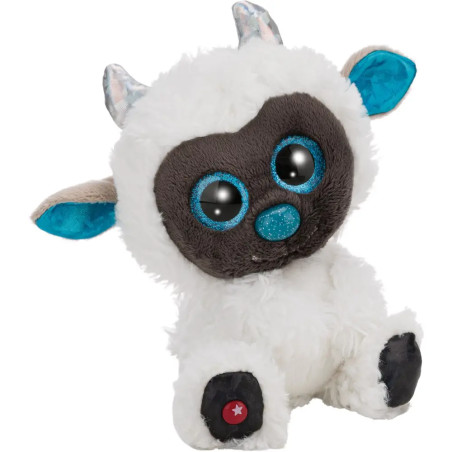 Plüsch-Yeti mit weißem Fell, großen blauen Augen, blauen Ohren, Hörnern und rotem Stern auf der Pfote.