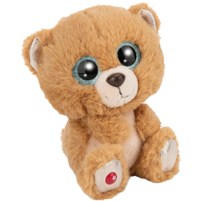 Brauner Plüsch-Teddybär mit großen blauen Augen, sitzt aufrecht und hat einen roten Stern auf der Pfote.