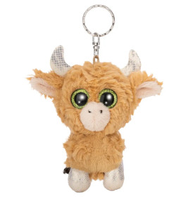 Plüsch-Kuh-Schlüsselanhänger mit großen grünen Augen, weichem beigem Fell und silbernen Hörnern, Ohren und Füßen.
