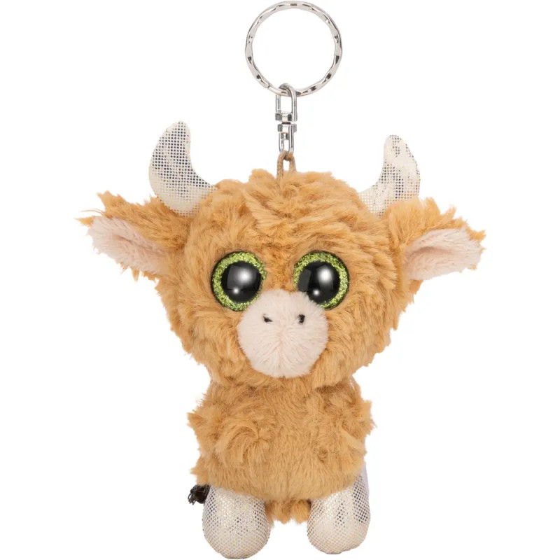 Plüsch-Kuh-Schlüsselanhänger mit großen grünen Augen, weichem beigem Fell und silbernen Hörnern, Ohren und Füßen.