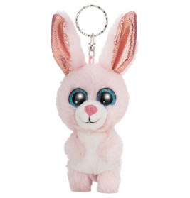 Plüschiger rosa Hasen-Schlüsselanhänger mit großen blauen Augen und glänzenden Ohren, stehend.