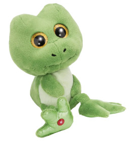 Grüner Plüschfrosch mit goldgerandeten Augen und rotem Sternknopf am Zeh sitzt aufrecht.