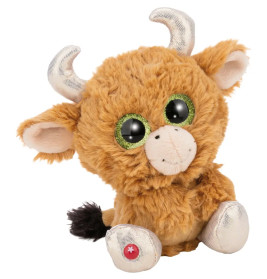 Stofftier-Stier mit großen grünen Augen, metallischen Hörnern, Hufen und schwarzem Schwanz sitzt aufrecht.