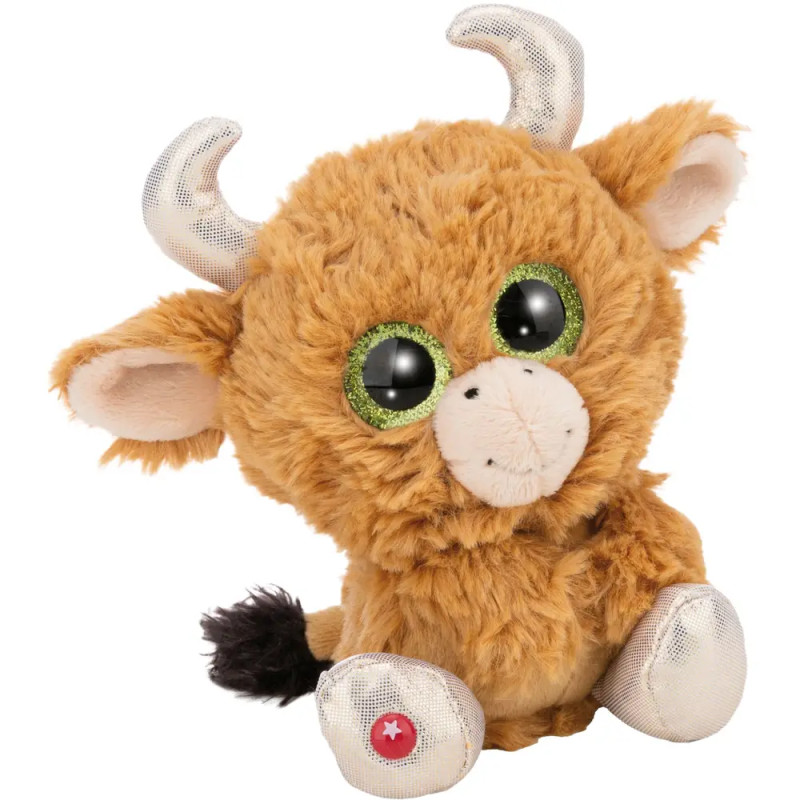 Stofftier-Stier mit großen grünen Augen, metallischen Hörnern, Hufen und schwarzem Schwanz sitzt aufrecht.