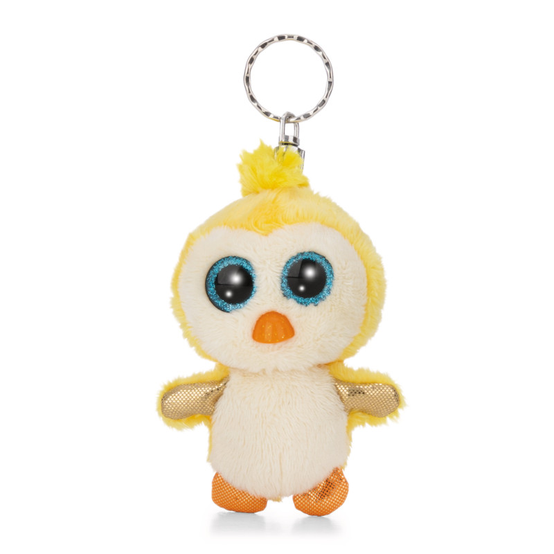 Gelber Plüsch-Küken-Anhänger mit großen blauen Augen, orangem Schnabel und kleinen Flügeln auf weißem Hintergrund.