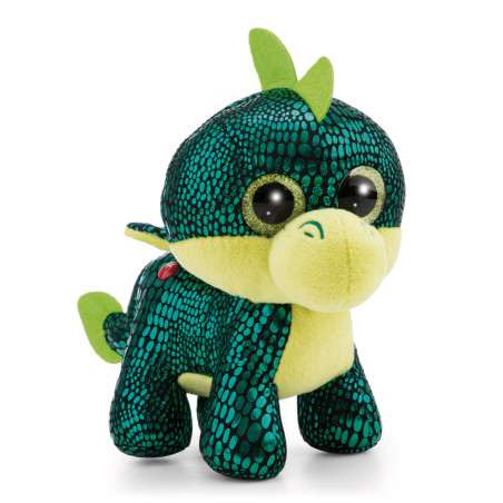 Grünes und gelbes Plüsch-Dinosaurier-Spielzeug mit großen glänzenden Augen und strukturierter, schuppiger Oberfläche.