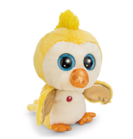 Gelbes Plüschvogel-Spielzeug mit blauen Augen, orangefarbenem Schnabel und Füßen sowie funkelndem Stern auf der Brust.