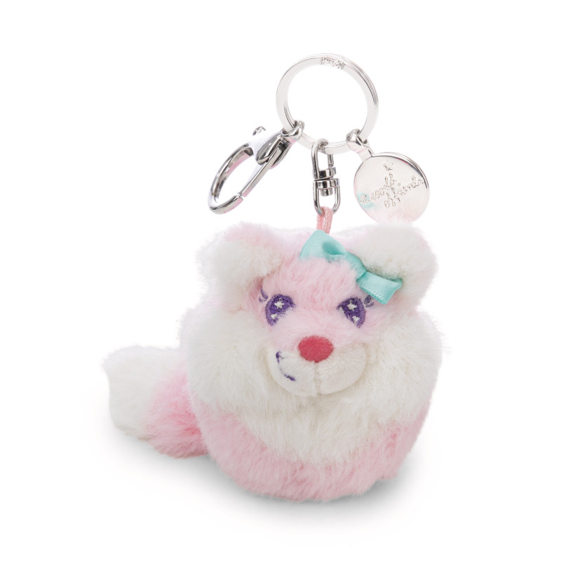 Plüschiger Katzen-Schlüsselanhänger in Rosa und Weiß mit blauer Schleife, silbernem Schlüsselring und Anhänger.