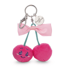 Zwei Plüsch-Kirschenschlüsselanhänger mit Gesichtern, grünem Stiel, rosa Schleife und Metallring.