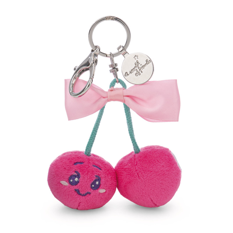 Zwei Plüsch-Kirschenschlüsselanhänger mit Gesichtern, grünem Stiel, rosa Schleife und Metallring.