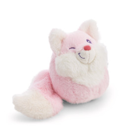Ein rosa-weißer Plüschfuchs mit flauschigem Schwanz und zwinkerndem Gesicht sitzt auf weißem Hintergrund.