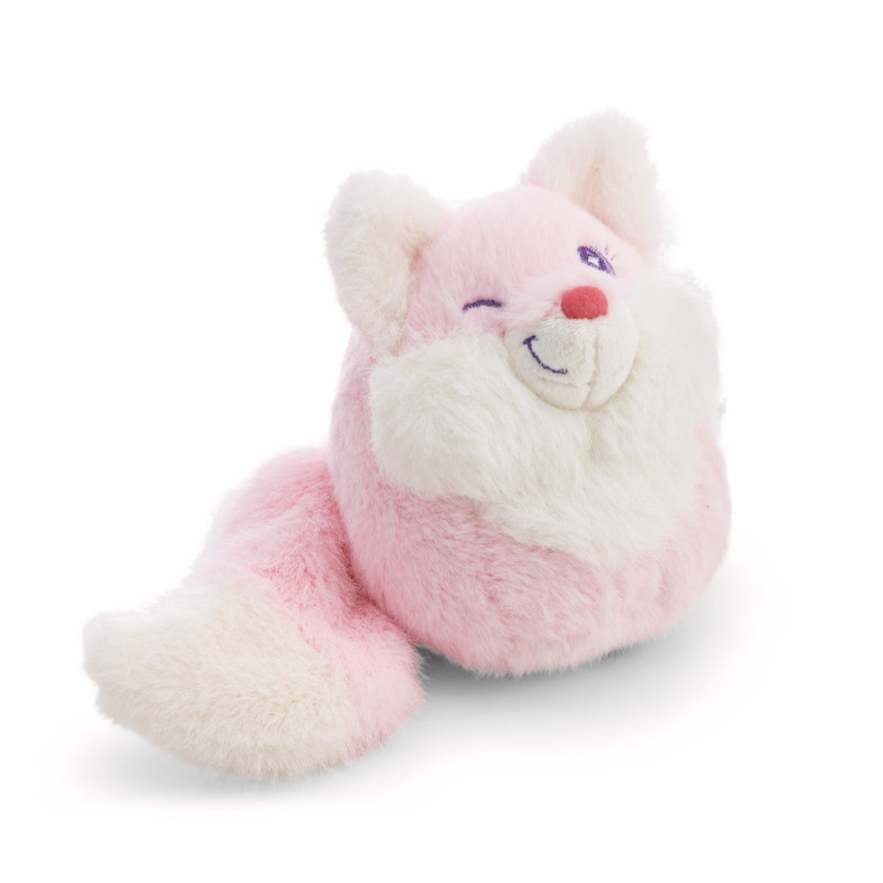 Ein rosa-weißer Plüschfuchs mit flauschigem Schwanz und zwinkerndem Gesicht sitzt auf weißem Hintergrund.