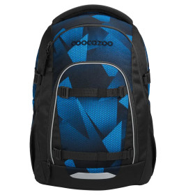 Blauer und schwarzer Coocazoo-Rucksack mit geometrischem Muster und mehreren Fächern, Vorderansicht.