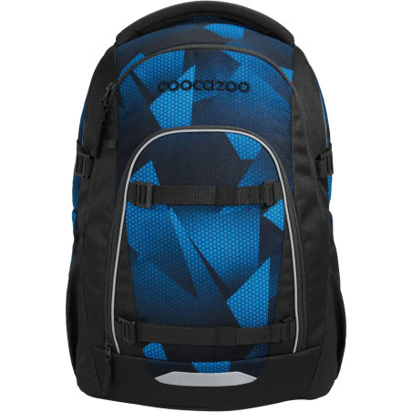 Blauer und schwarzer Coocazoo-Rucksack mit geometrischem Muster und mehreren Fächern, Vorderansicht.