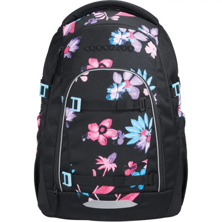 Schwarzer Rucksack mit pinken, lila und blauen Blumenmustern sowie hellblauen Akzenten an Trägern und Reißverschlüssen.