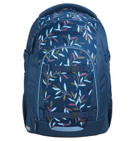 Blauer Rucksack mit buntem Blattmuster und mehreren Reißverschlussfächern, frontal abgebildet.