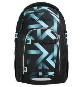 Schwarzer Rucksack mit blauen geometrischen Mustern und Coocazoo-Schriftzug auf der Vorderseite.