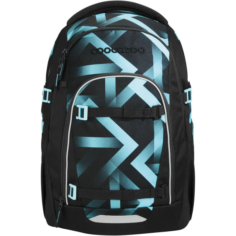 Schwarzer Rucksack mit blauen geometrischen Mustern und Coocazoo-Schriftzug auf der Vorderseite.