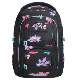 Schwarzer Rucksack mit buntem Blumenmuster, mehreren Fächern und hellblauen Schnallen.