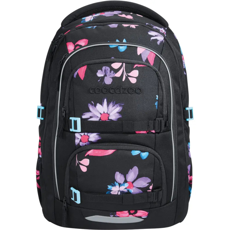 Schwarzer Rucksack mit buntem Blumenmuster, mehreren Fächern und hellblauen Schnallen.