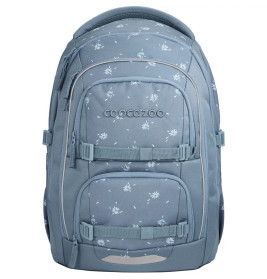 Grauer Cocazoo-Rucksack mit weißen Sternchen und mehreren Reißverschlussfächern, stehend abgebildet.