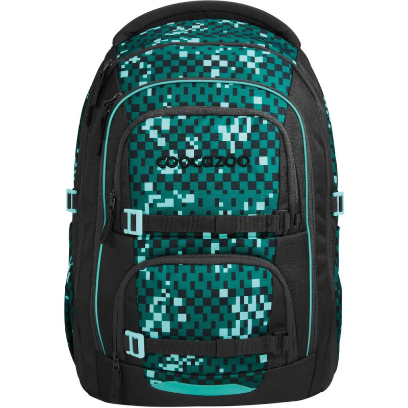 Schwarzer Rucksack mit grün-weiß-schwarzem Pixelmuster und mehreren Reißverschlussfächern.