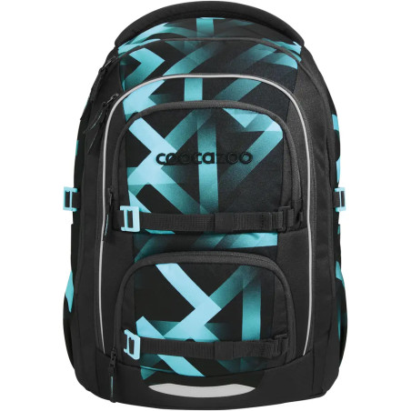 Schwarzer Rucksack mit blauen Mustern, zwei Fronttaschen und sichtbarem Coocazoo-Logo.