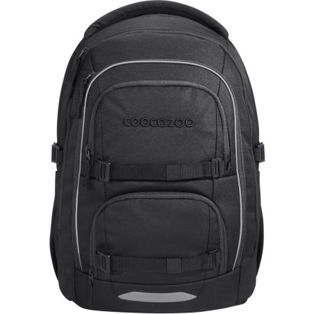Schwarzer Cocazoo-Rucksack mit mehreren Reißverschlussfächern und reflektierenden Details.