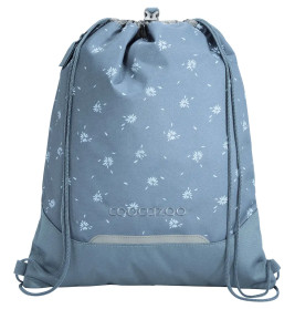 Hellblauer Turnbeutel mit weißen Blumenmustern und dem Schriftzug Coocazoo auf der Vorderseite.