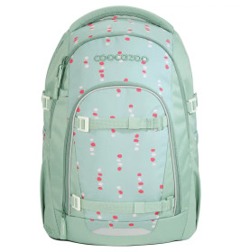 Mintgrüner Rucksack mit rosa-weißen Punkten, Frontreißverschlusstasche und seitlichen Schnallen.