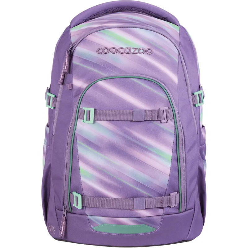 Lila Cocazoo-Rucksack mit diagonalen Pastellstreifen, mintgrünen Schnallen und mehreren Fächern.