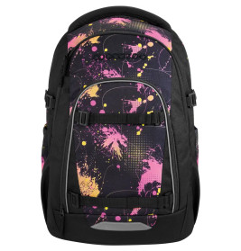 Schwarzer Rucksack mit pink-gelb-lila Farbspritzern, Fronttasche und seitlicher Mesh-Tasche.
