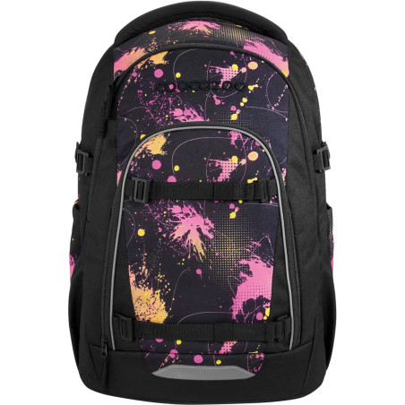 Schwarzer Rucksack mit pink-gelb-lila Farbspritzern, Fronttasche und seitlicher Mesh-Tasche.