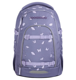 Lila Rucksack mit weißen Schmetterlingsmustern und mehreren Reißverschlussfächern.