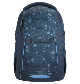 Dunkelblauer Rucksack mit kreisförmigen, planetenähnlichen Mustern, mehreren Reißverschlussfächern und Seitenriemen.