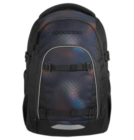 Schwarzer und dunkelblauer Schulrucksack mit Frontschnallen und Coocazoo-Logo oben.