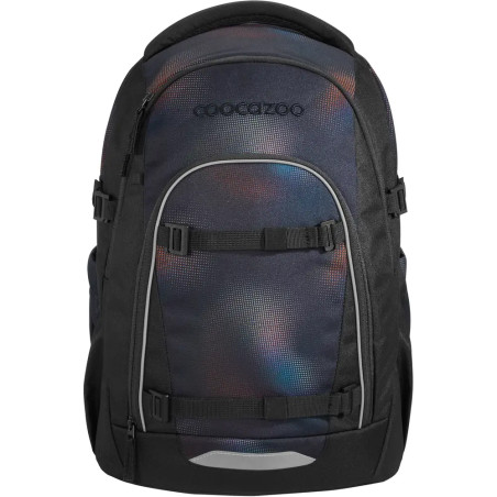 Schwarzer und dunkelblauer Schulrucksack mit Frontschnallen und Coocazoo-Logo oben.