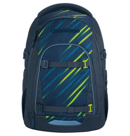 Dunkelblauer Rucksack mit grünen und gelben Streifen sowie mehreren Reißverschlussfächern.