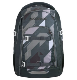 Dunkelgrauer und schwarzer Rucksack mit geometrischen Mustern und mehreren Reißverschlussfächern.