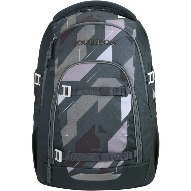 Dunkelgrauer und schwarzer Rucksack mit geometrischen Mustern und mehreren Reißverschlussfächern.