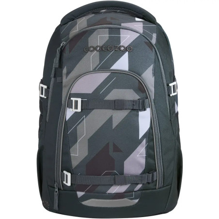 Dunkelgrauer und schwarzer Rucksack mit geometrischen Mustern und mehreren Reißverschlussfächern.