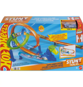 Hot Wheels Stunt Tracks Spielzeugbox mit bunter Looping-Strecke und gelbem Auto auf der Vorderseite.