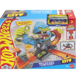 Hot Wheels City Gorilla Slam Attack Spielset mit blauem Gorilla und Spielzeugauto auf der Verpackung.