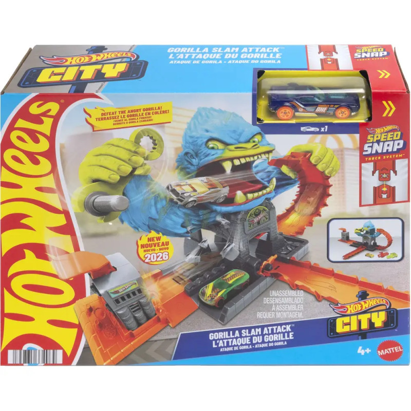Hot Wheels City Gorilla Slam Attack Spielset mit blauem Gorilla und Spielzeugauto auf der Verpackung.
