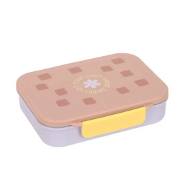 Pastellfarbene Brotdose mit rosa Deckel, gelbem Verschluss und dem Aufdruck "Let your light shine bright" obenauf.