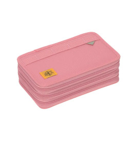 Rosa, rechteckige Reißverschlusstasche mit gelbem Patch in der Ecke auf weißem Hintergrund.